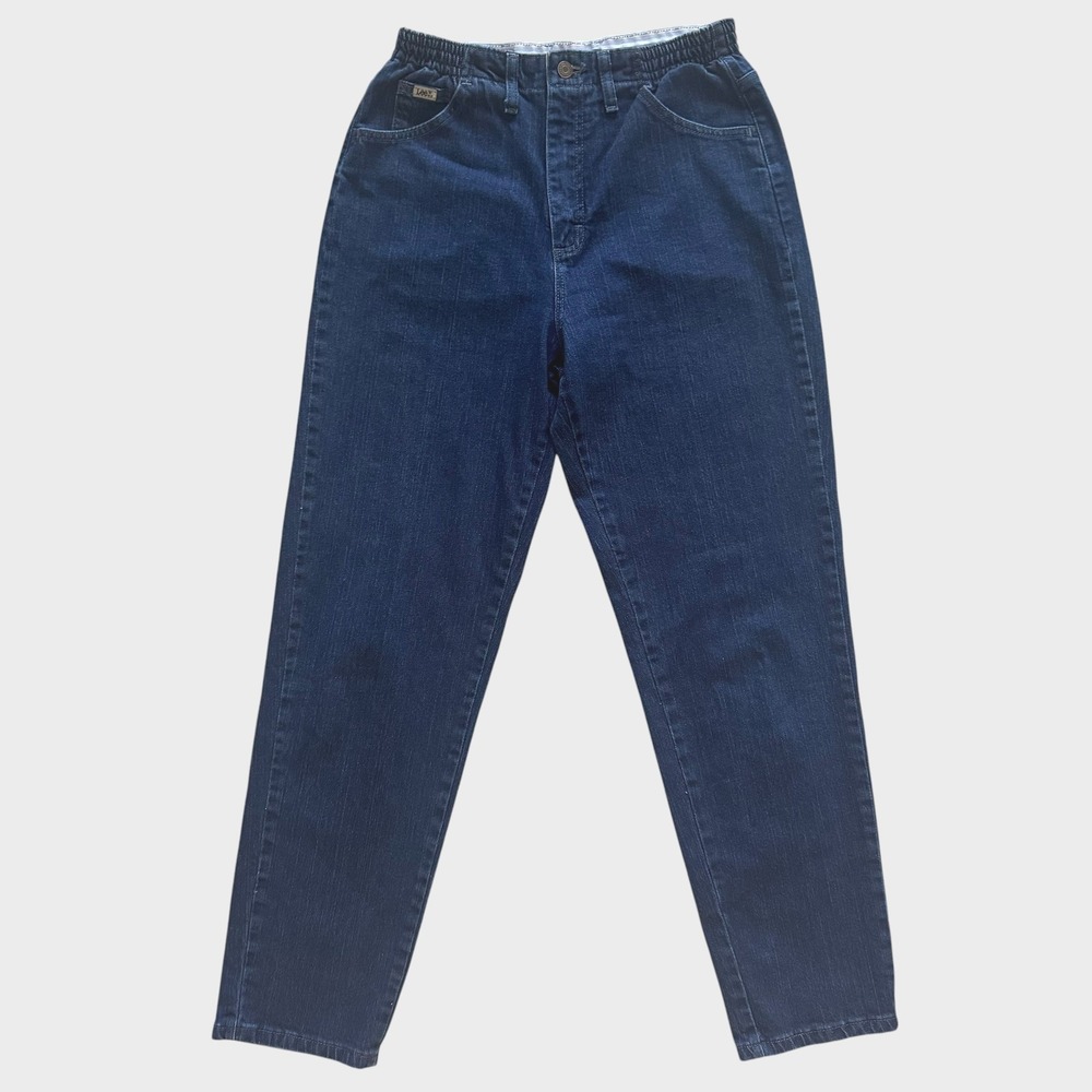 VTG Lee Relaxed Fit High Rise Dark Wash Elastic Waist Straight Jeans sz 8 28 mom